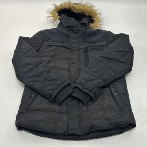 Men's Fashion Men's Hooded Parka Jacket‎ Black Faux Fur Trim Hood, Size 2XL